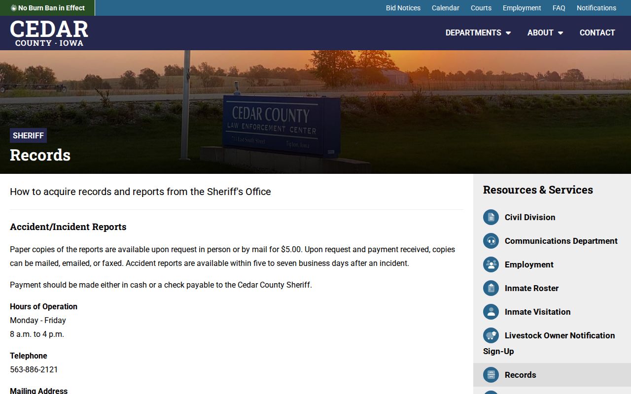 Cedar County Sheriff arrest and incident records information