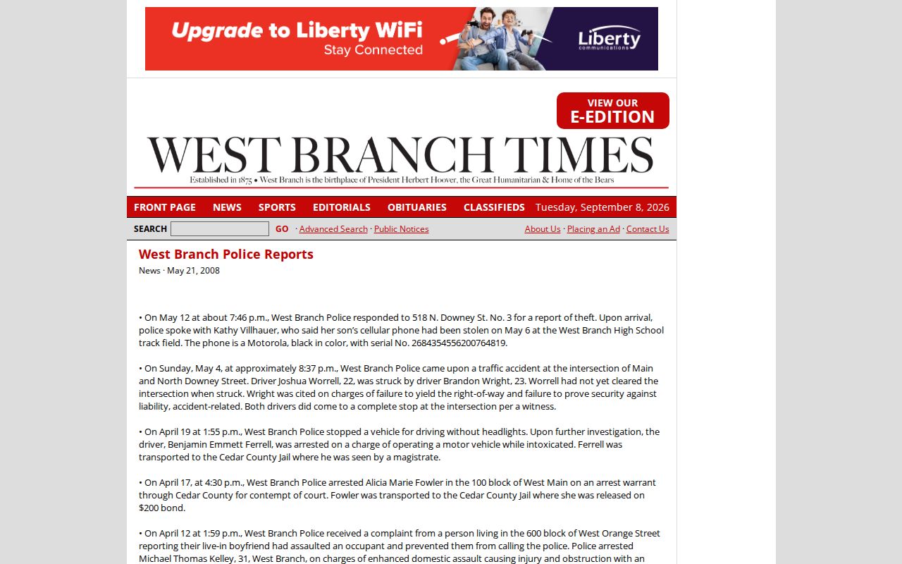 West Branch Times secondary police report describing an arrest and Cedar County Jail transport