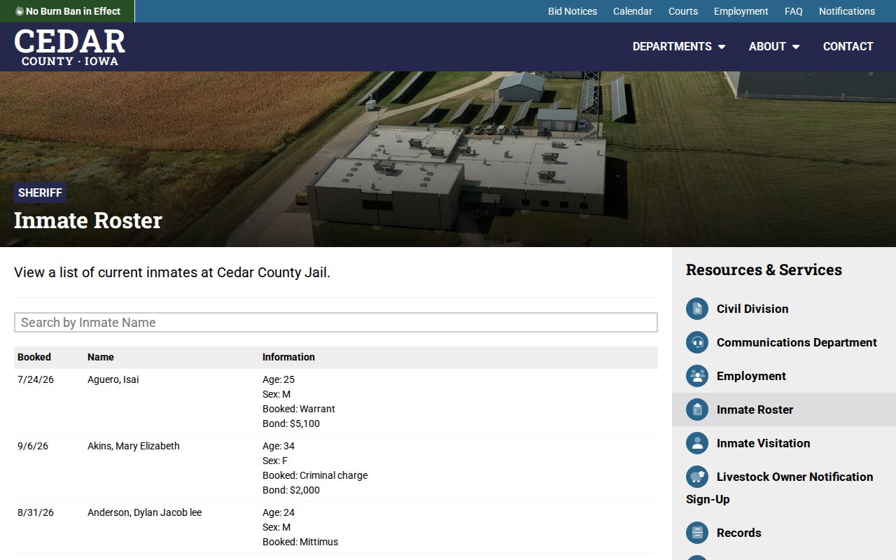 Cedar County Jail current inmate roster and arrest booking search
