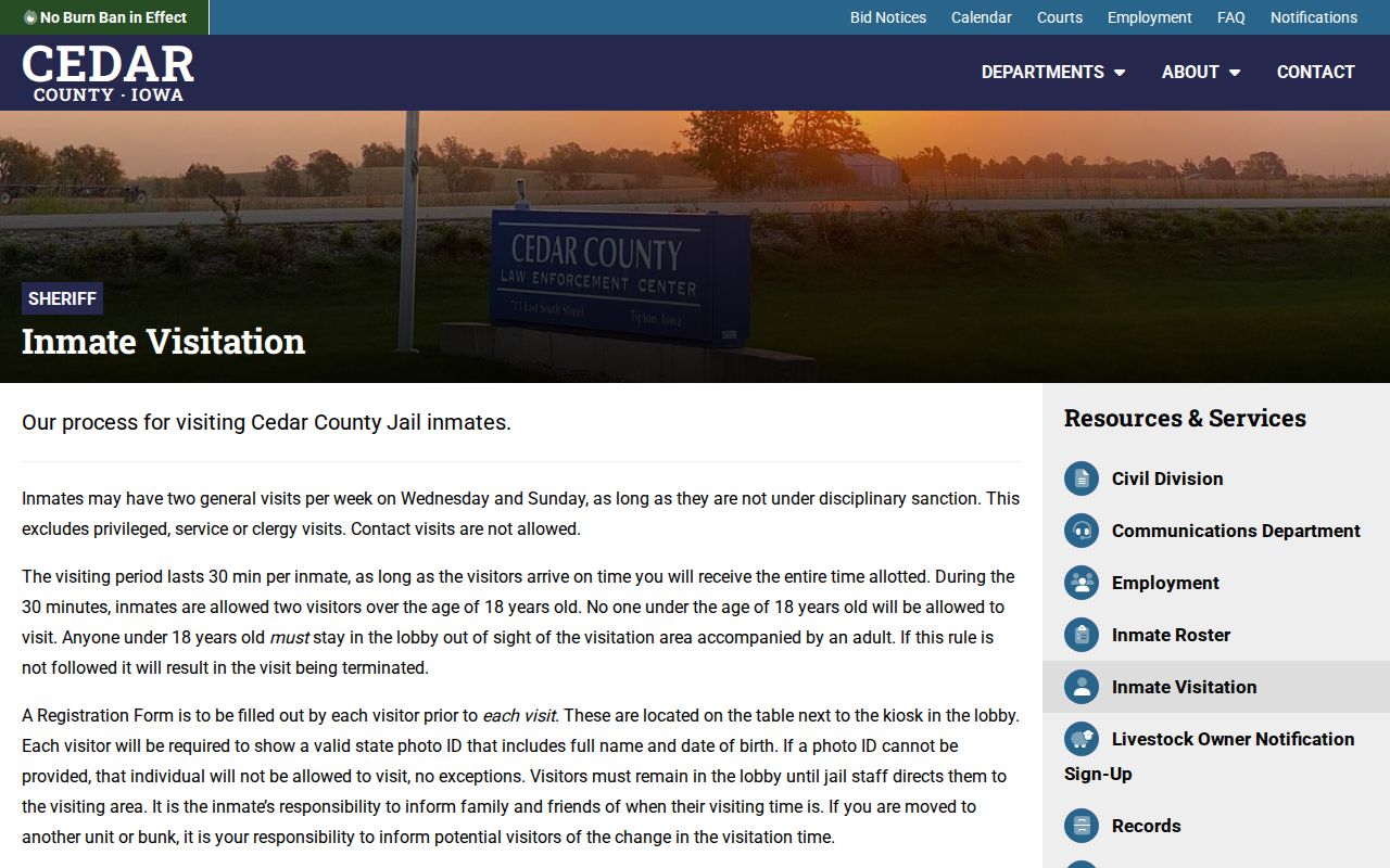 Cedar County sheriff visitation page linking to VINELink victim notification and status