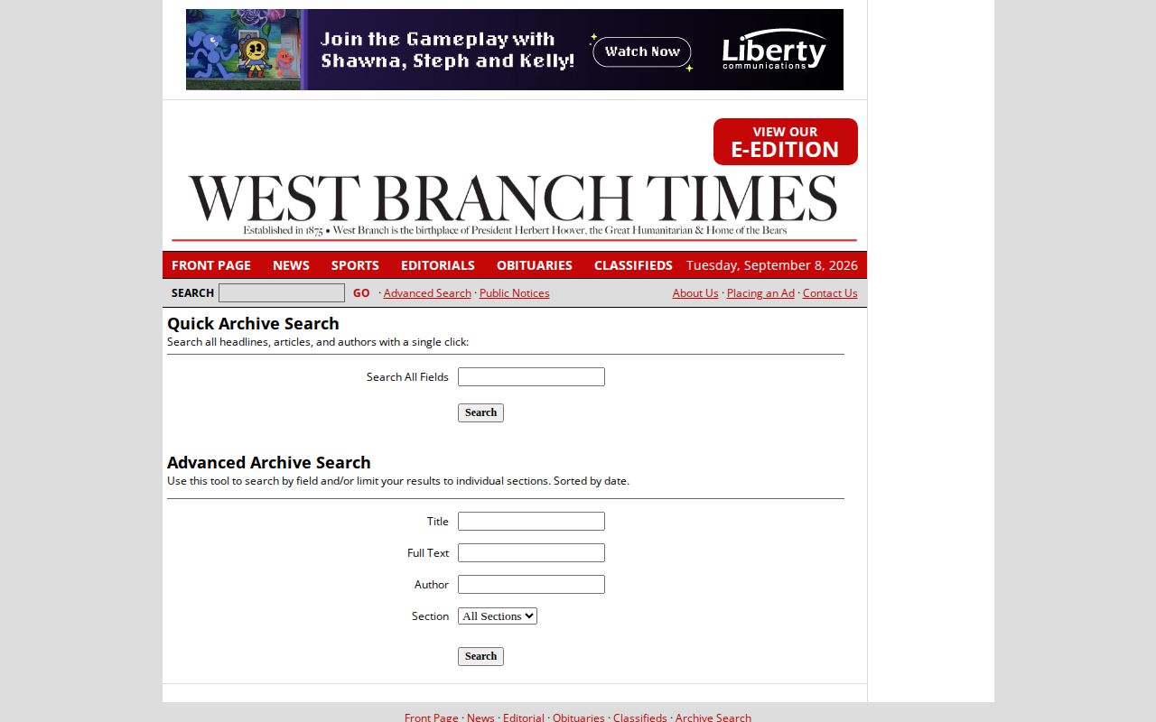 West Branch Times archive search and issue controls