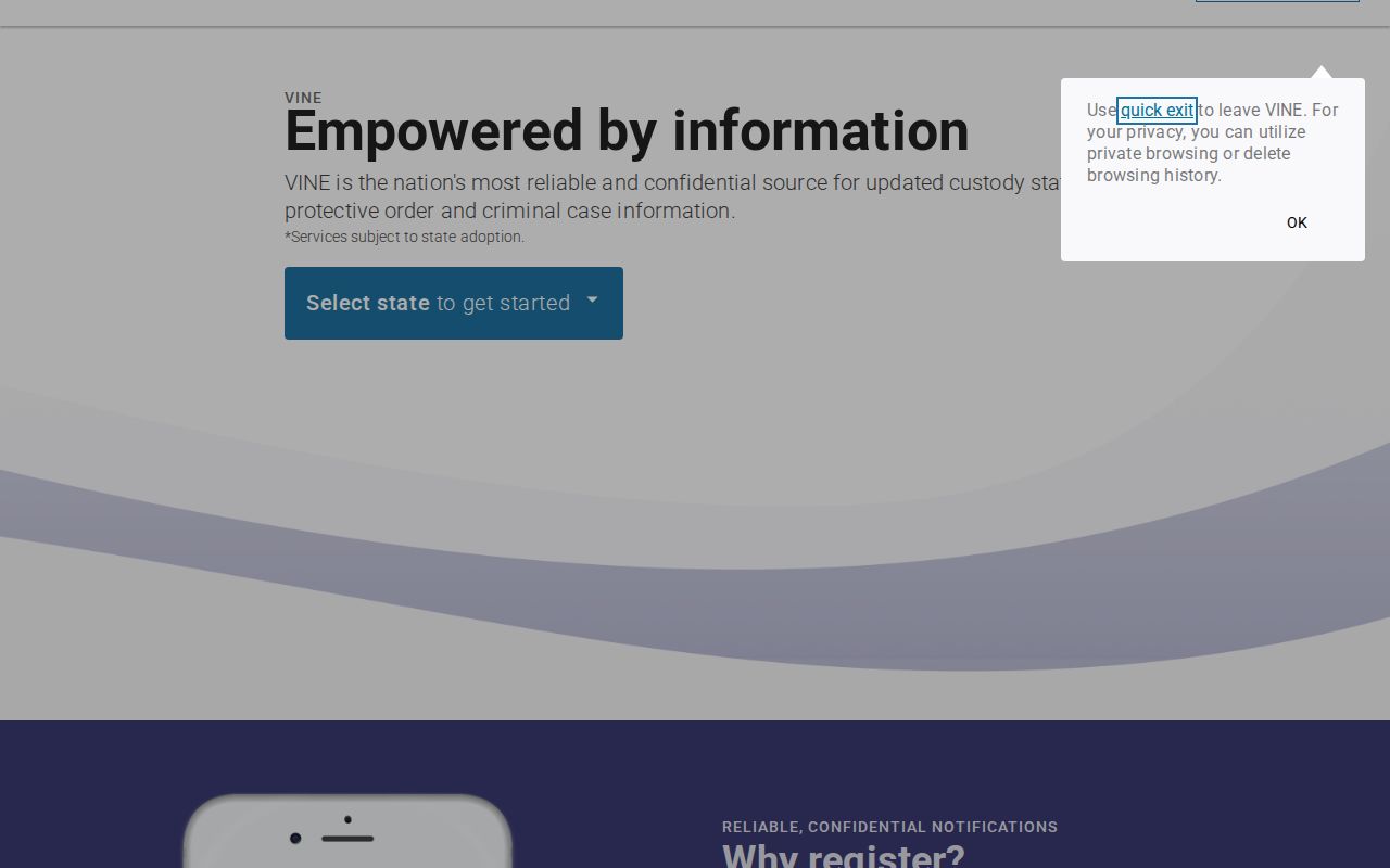 VINELink state selection interface for choosing Iowa and a custody search